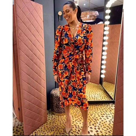 Never Fully Dressed Navy & Orange Floral Wrap Dress Size 8 Dressy Multi-Tie - Picture 1 of 10